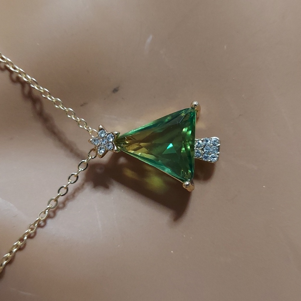 Watermelon Tourmaline CZ Triangle Tree Gold Pendant - Picture 9 of 12